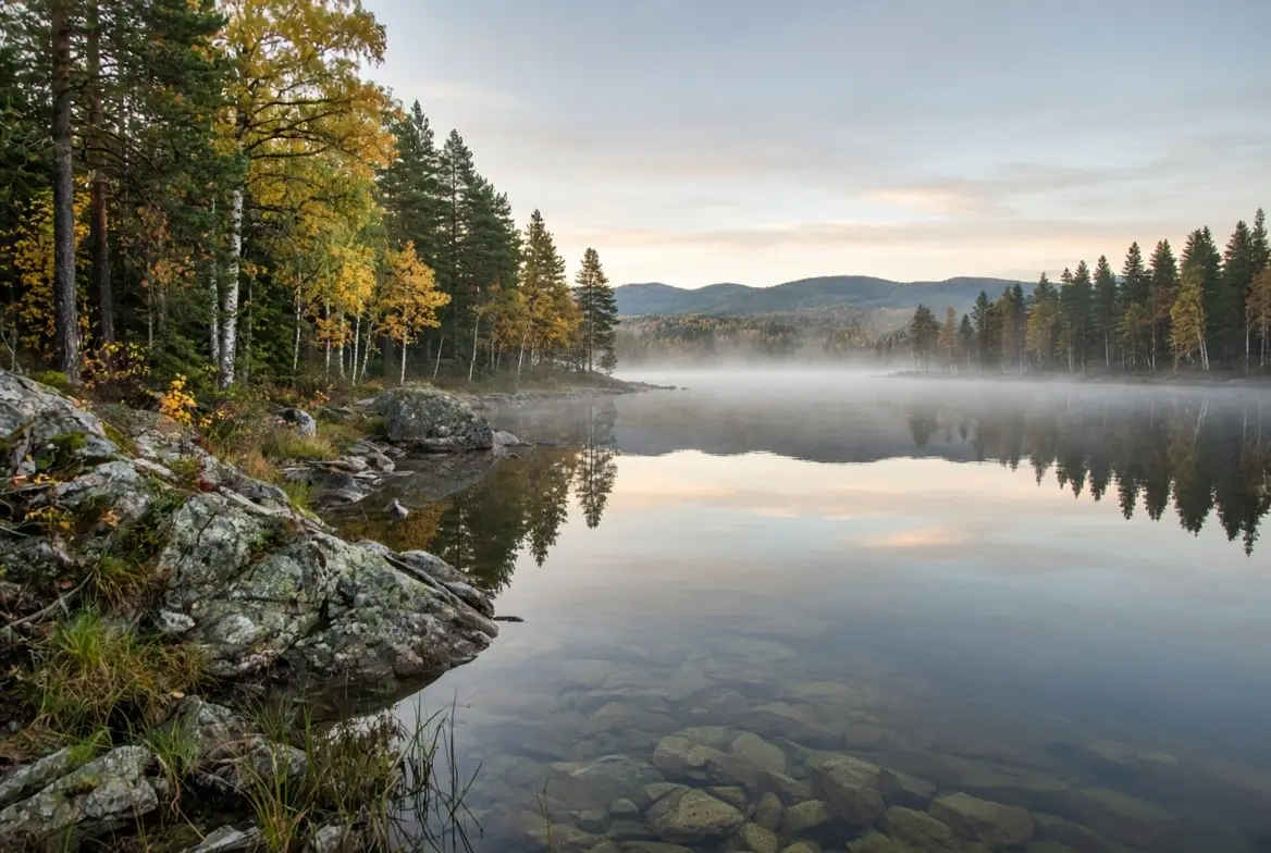 Dimmig sjö i höstfärger med klippig strand och skog i Dalarna